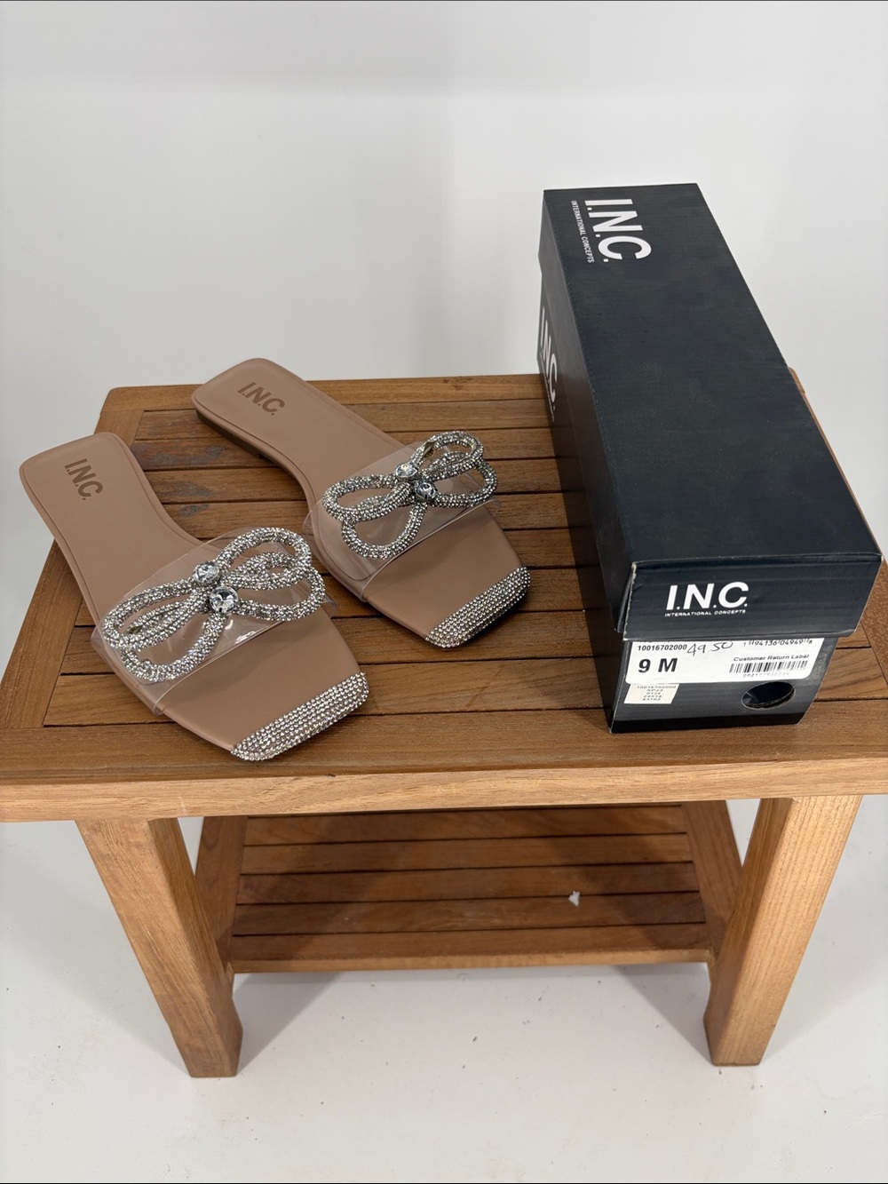 New Women’s INC International Concepts PLORAP NUDE Rhinestone Bow Slide size 9M
